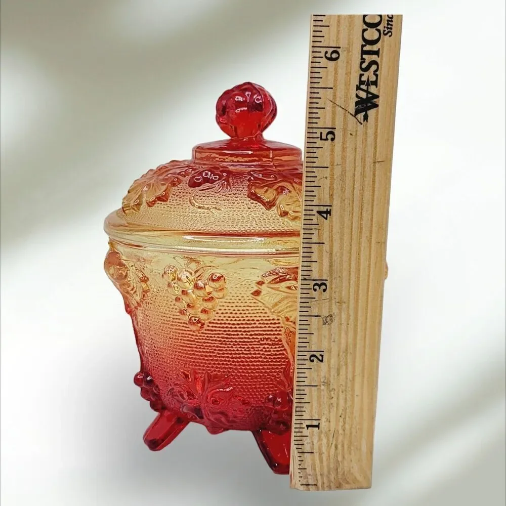 VTG Jeannette Harvest Grapes‎ Amber Red Carnival Glass Footed Covered Candy Dish